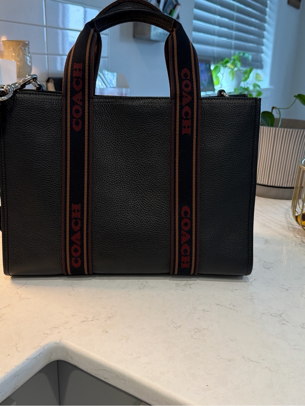 Coach Black Pebbled Leather Tote with Brown and Red Logo Straps